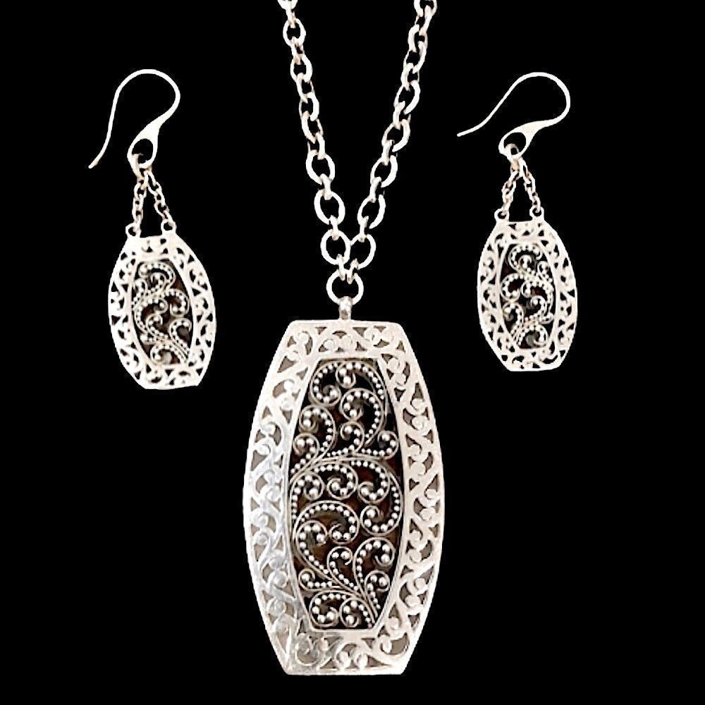 LOIS HILL Sterling Silver Granulated Scroll Oxidized Tonneau Necklace & Earrings